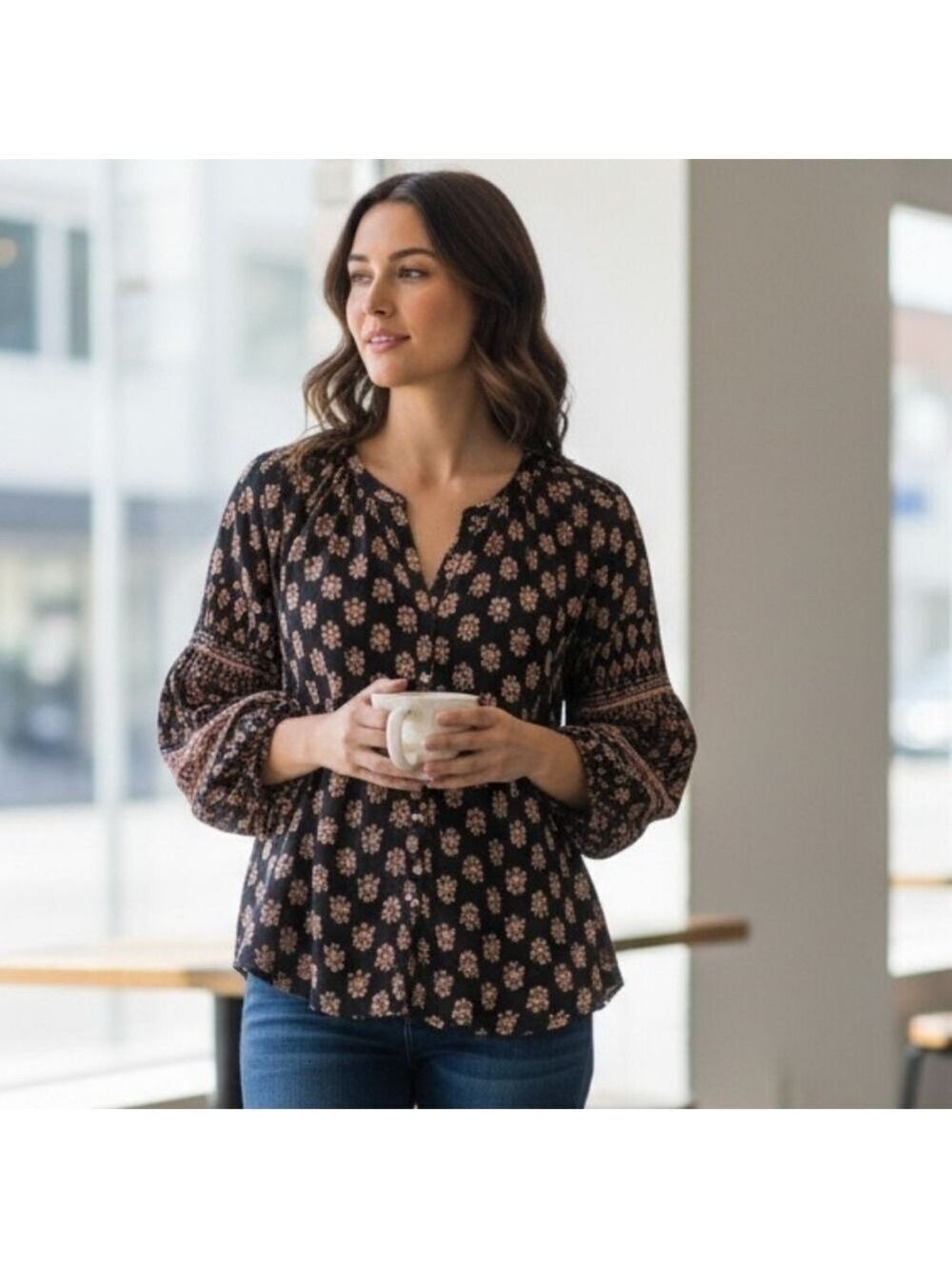 Lucky Brand Black Pink Floral Button Up Blouse
